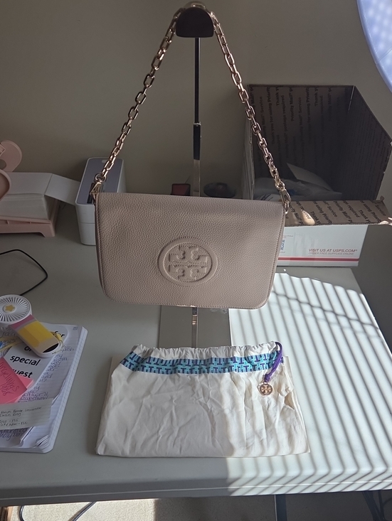 Tory Burch Handbags - Tory Burch Bumbe Pebbled Leather Shoulder Bag in Light Beige with Gold Chain